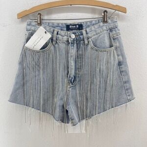 NWT Rhinestone Fringe Denim Shorts Womens S Light Wash Festival Cowgirl Boho